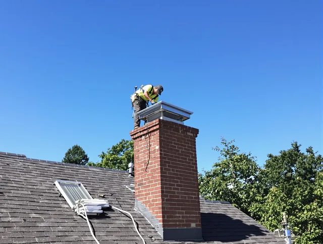 Barrington Chimney Sweep technician measuring a chimney cap in Barrington, RI