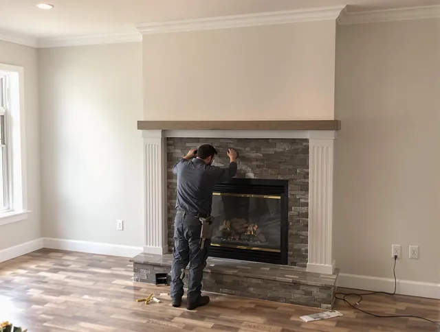 Barrington Chimney Sweep finishing a custom fireplace install in Barrington, RI